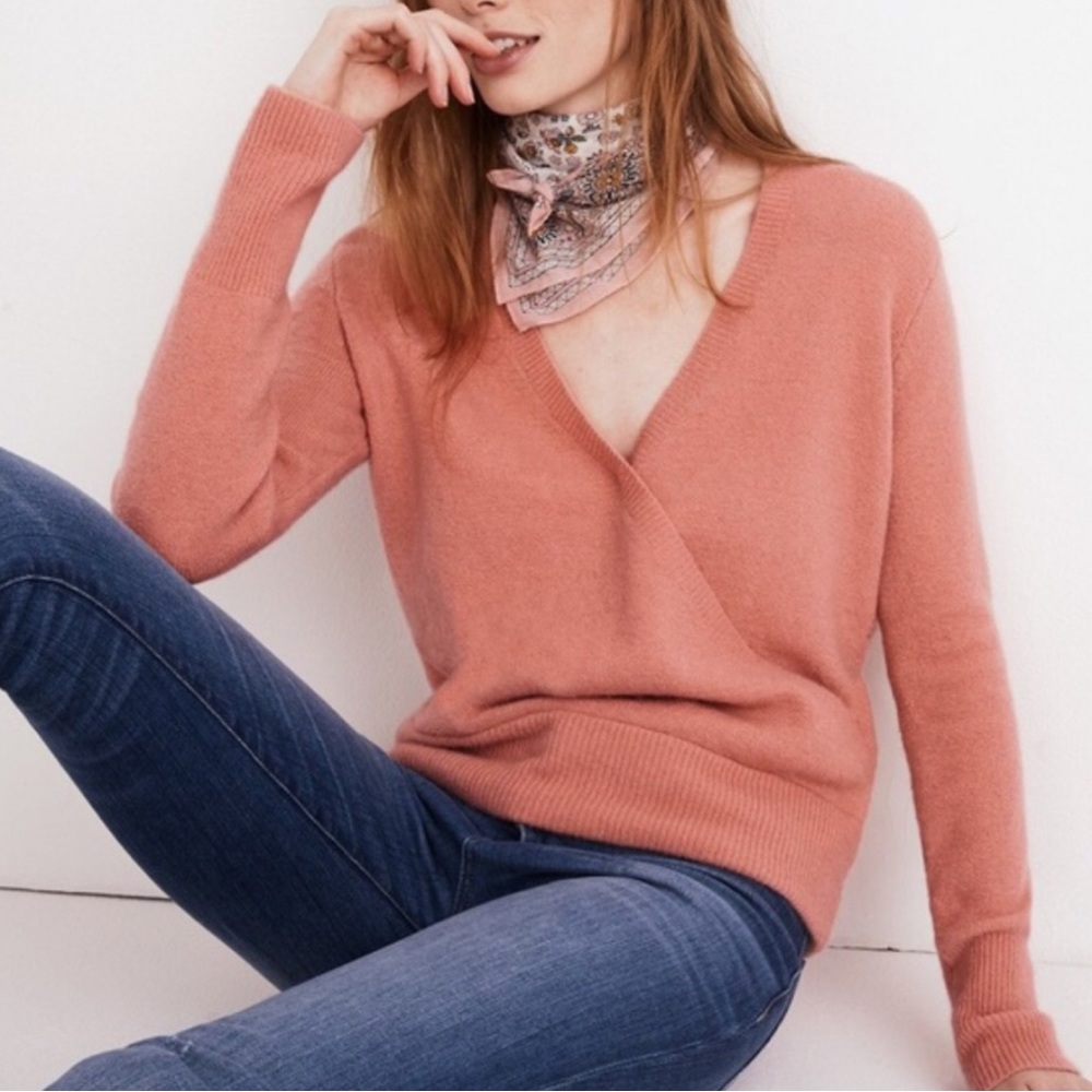 ⭐️🌟Madewell Front Wrap Pullover Sweater Womens Sz M Merino Wool Blend Pink